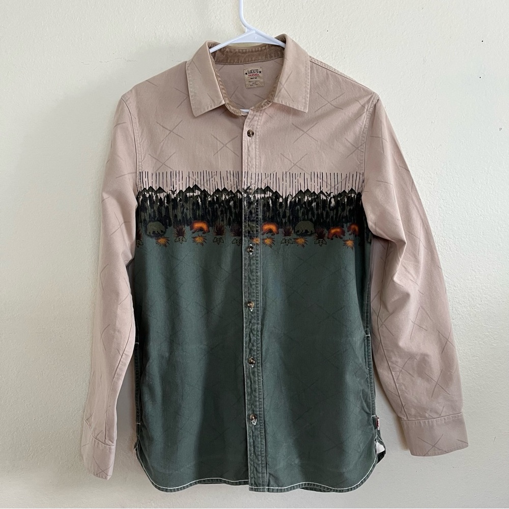 Vans California Bears The Dagget Long Sleeve Button Up Shirt Cream Green Size S